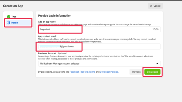 3 Add an app name facebook login